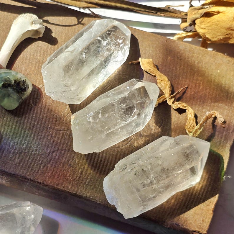 May include: Three clear quartz crystal points are arranged on a vintage book with a dried flower and bone fragment. The crystals are faceted and translucent, reflecting light. The overall aesthetic is natural and earthy.