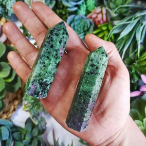 Ruby Zoisite Crystal Tower | Polished Gemstone Ruby Zoisite Point | Heart Chakra Crystals |  Witchy Décor Crystal Wand