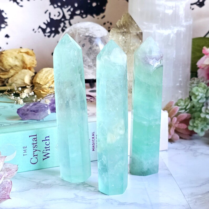 Green Fluorite Crystal Tower | Polished Gemstone Green Fluorite Point | Libra Zodiac Crystals | Crystal Grid Generator Point