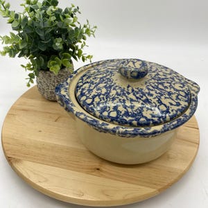 Può includere: Una pirofila in ceramica color crema con un motivo maculato blu e un coperchio. La pirofila è appoggiata su un vassoio rotondo di legno. A sinistra c'è una piccola pianta in vaso. Il coperchio ha un pomello.