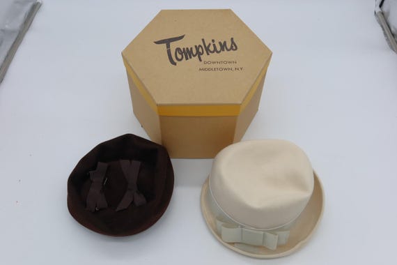 Set of Two Wool Vintage Womens Hats - Brown and Cream, Bows 