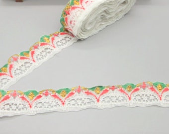 White, Red, Gold,  And Green, Embroidered Net Lace Ribbon Trim