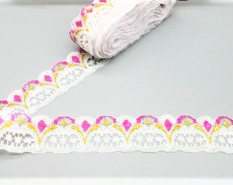 White, Gold And Pink Embroidered Net Lace Ribbon Trim