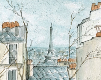 Paris Art; Eiffle Tower; French Art Print; Paris rooftop; Paris view; Paris line Nd watercolor; Whimsical Art Print