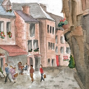 May include: Watercolor painting of a European street scene with a cafe, brick buildings, and people walking. The cafe has a red awning and the text "Cafe" is visible. The buildings are painted in shades of brown and gray. The people are wearing casual clothing and are walking on a cobblestone street.