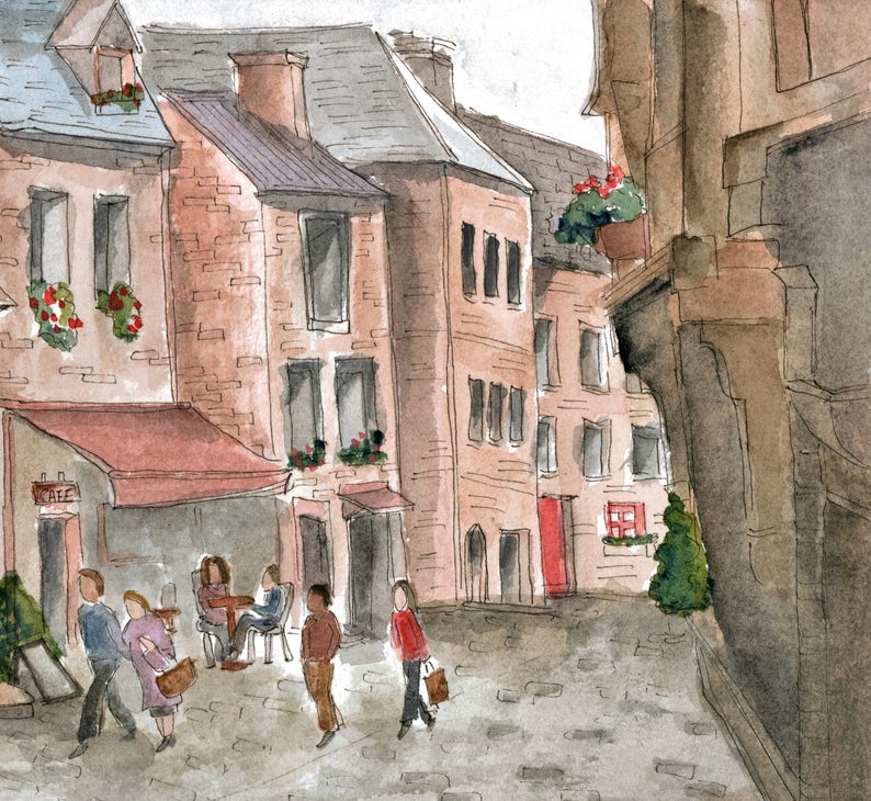 May include: Watercolor painting of a European street scene with a cafe, brick buildings, and people walking. The cafe has a red awning and the text "Cafe" is visible. The buildings are painted in shades of brown and gray. The people are wearing casual clothing and are walking on a cobblestone street.