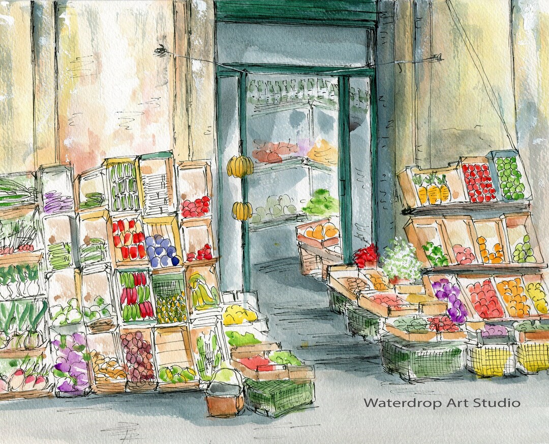 Kitchen Art Fruit Stand Whimsical Art Print Kitchen Wall Decor