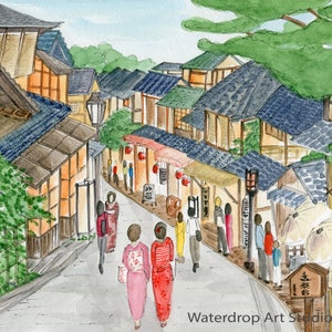 Japanese Art Print; Kyoto Art; Kimono Art; Asian Wall Decor; Japanese Painting; Japan Travel Souvenir; Japanese Print; Kyoto Streetscape