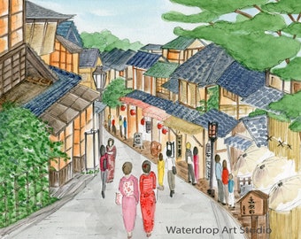 Japanese Art Print; Kyoto Art; Kimono Art; Asian Wall Decor; Japanese Painting; Japan Travel Souvenir; Japanese Print; Kyoto Streetscape