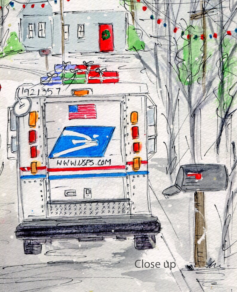 Op de afbeelding: Een witte USPS-postwagen met een rood-wit-blauwe Amerikaanse vlag aan de zijkant. De wagen is beladen met ingepakte cadeaus en rijdt over een besneeuwde straat. De wagen heeft de tekst "WWW.USPS.COM" aan de zijkant. Een rode brievenbus bevindt zich aan de rechterkant van de afbeelding.