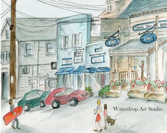 Bay Area art; Stinson Beach art print, watercolor art print; whimsical, Californian art; quaint town wall decor; beach townscape art