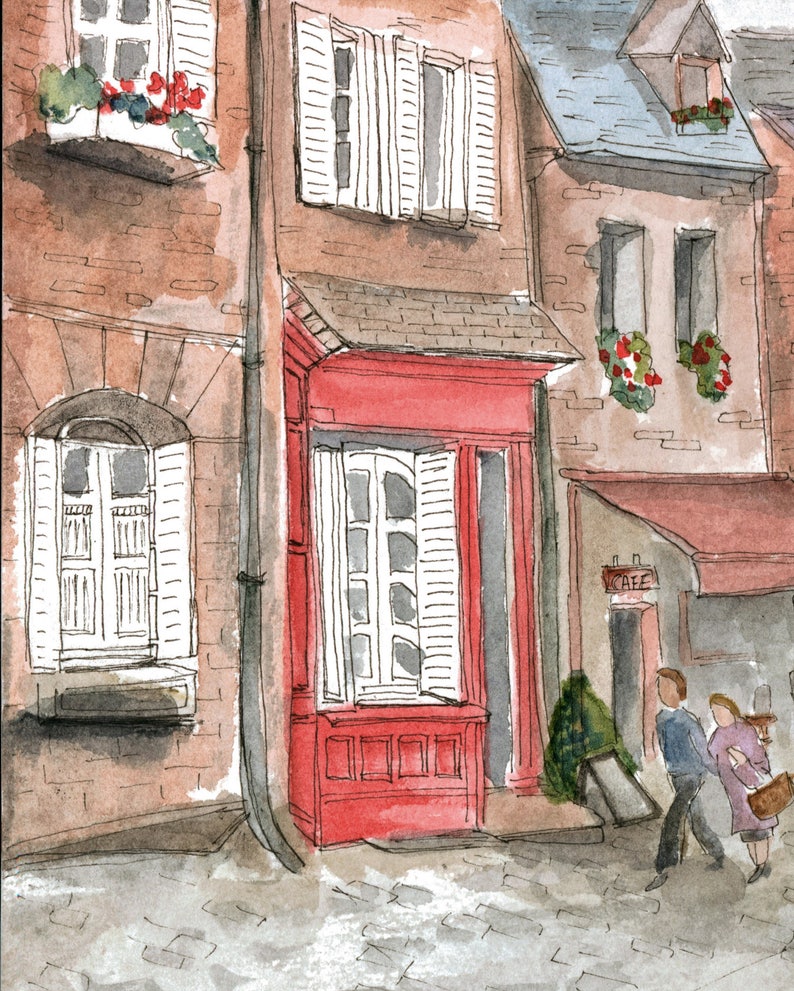 May include: A watercolor painting of a red storefront with white shutters and a cafe sign. The building is located on a cobblestone street with two people walking by.