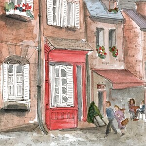 May include: A watercolor painting of a red storefront with a white door and shutters. The storefront is located on a cobblestone street in a European city. There are other buildings in the background, and people are walking by.
