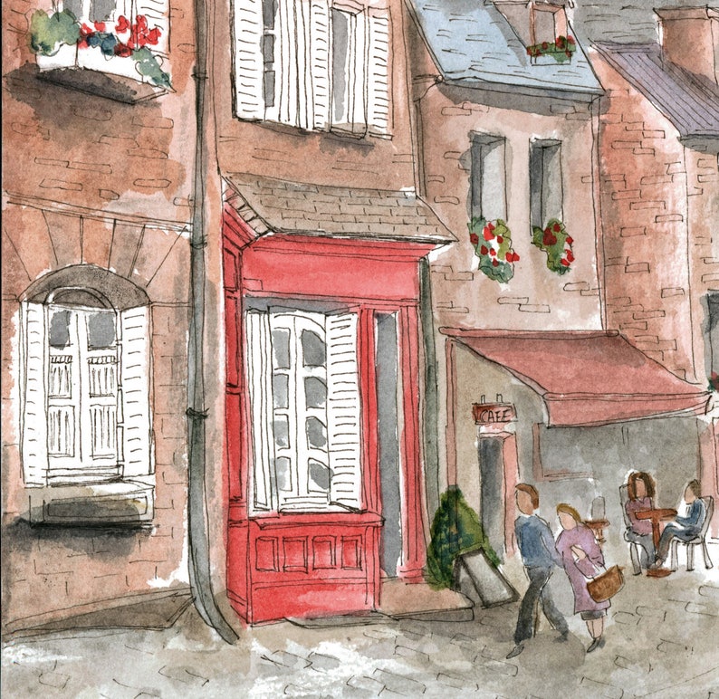 May include: A watercolor painting of a red storefront with a white door and shutters. The storefront is located on a cobblestone street in a European city. There are other buildings in the background, and people are walking by.