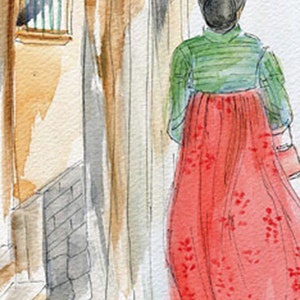 May include: A watercolor painting of a woman wearing a traditional Korean hanbok dress. She is walking down a narrow street with a building on the left side of the image.
