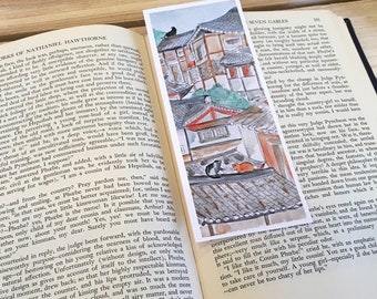 Bookmark &quot;Rooftop Cats&quot;; Whimsical Bookmark; Asian Art Bookmark; Cat Bookmark; Cat And Booklover Gift; Traditional, Asian Architecture;