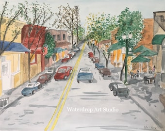Danville-kunst; California Art Print; Danville, CA; Grillige kunstprint; Bay Area-kunst; Pen en aquarel; CA-muurdecoratie; SF Bay Area-kunst