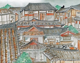 Asian Art Print; Cat Art; Asian Wall Decor; Asian Architecture; Korean Art; Seoul Art Print; Art of Korea; K drama art; Asian illustration