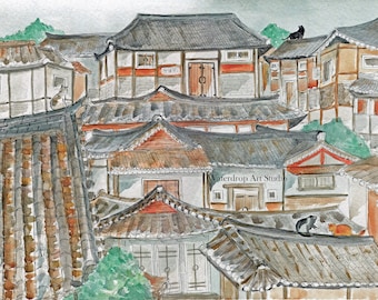 Asian Art Print; Cat Art; Asian Wall Decor; Asian Architecture; Korean Art; Seoul Art Print; Art of Korea; K drama art; Asian illustration