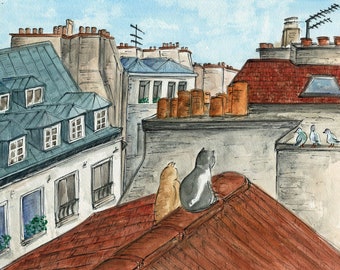 Cat Art; Paris Art; French Art Print; Rooftop; Whimsical Art Print; Gift for Cat Lovers; Cat Painting titled "Rooftop Cats in Paris."