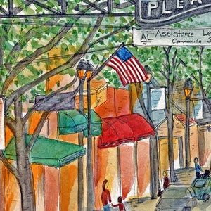 May include: A watercolor painting of a street scene with a sign that reads "PLEASE AL Assistance League Community 5". There are trees, buildings, and cars in the scene. The painting is done in a loose, impressionistic style.