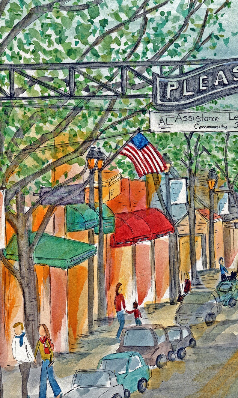 May include: A watercolor painting of a street scene with a sign that reads "PLEASE AL Assistance League Community 5". There are trees, buildings, and cars in the scene. The painting is done in a loose, impressionistic style.