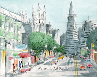 San Francisco Art Print; Impresión de arte del Área de la Bahía; Arte Emblemático;  Arte de Viaje; Boceto Urbano; Impresión caprichosa; Paisaje urbano; Paisaje urbano; Arte mural; Arte