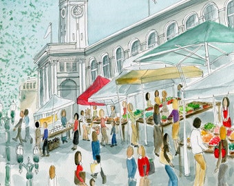 Ferry Building, SF; San Francisco art; Bay Area Art; Landmark Art, SF Print; Farmers Market Print; Whimsical Art; Fun Art; Hipster Art