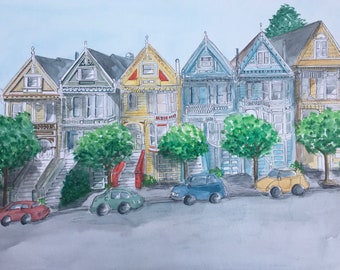 Painted Ladies SF; San Francisco Art Print; Bay Area Art Print; SF Souvenir; Landmark Art;  Travel Art; Urban Sketch; Whimsical Art Print