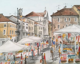 Italian Watercolor Print; Italian theme art, Art of Europe; Streetscape; Architecture; Urban Art; Whimsical Print; Outdoor Market Art