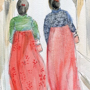May include: Two people wearing traditional Korean hanbok dresses, walking down a street. The dresses are red and pink with floral patterns. The women are wearing their hair up in buns.