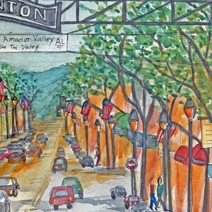 May include: A watercolor painting of a street scene in Amador Valley, California. The street is lined with trees and buildings, and there are cars driving down the road. The sign above the street reads "Amador Valley, AL - The Tri Valley".