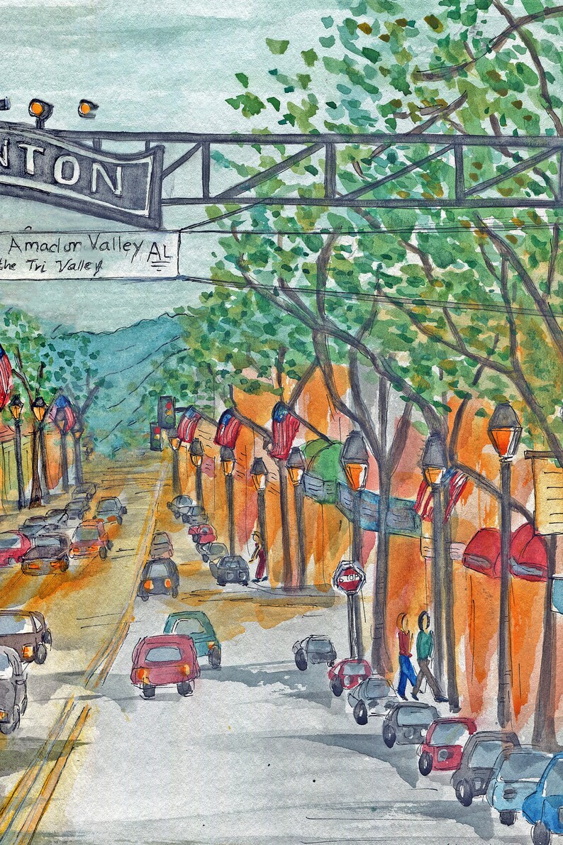 May include: A watercolor painting of a street scene in Amador Valley, California. The street is lined with trees and buildings, and there are cars driving down the road. The sign above the street reads "Amador Valley, AL - The Tri Valley".