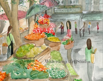 French Kitchen Art; Farmers Market Print; Whimsical Art Print; Kitchen Wall Decor; Vegetable Art; Fruit Art; Gift for Her; Housewarming Gift