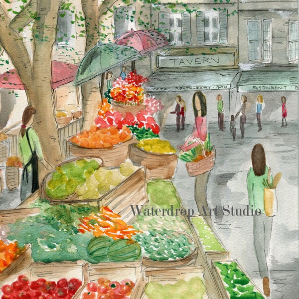 French Kitchen Art; Farmers Market Print; Whimsical Art Print; Kitchen Wall Decor; Vegetable Art; Fruit Art; Gift for Her; Housewarming Gift