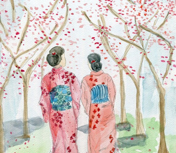 Japanese Art Print; Kimono; Friendship Art; Cherry Blossom Print