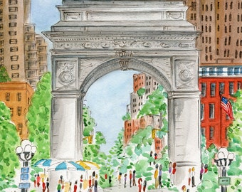 Washington Square Park, New York City Art Print; Greenwich Village Art; NYC Souvenir; Urban Illustration; NY Travel Art; Whimsical Art Print