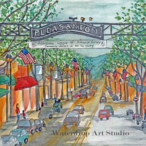 May include: A watercolor painting of a street scene in Pleasanton, California. The street is lined with trees and buildings, and there are cars and people walking on the sidewalk. The sign above the street reads "Pleasanton" and "AL Assistance League of Amador Valley AL Community Service in the Tri Valley".