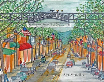 Whimsical Art Print; Pleasanton, CA; Streetscape Art; California Art; Bay Area Art; Line and Wash Print; Pleasanton Art Print: Housewarming