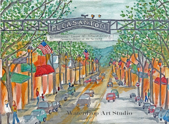 Whimsical Art Print; Pleasanton, CA; Streetscape Art; California Art; Bay Area Art; Line and Wash Print; Pleasanton Art Print: Housewarming