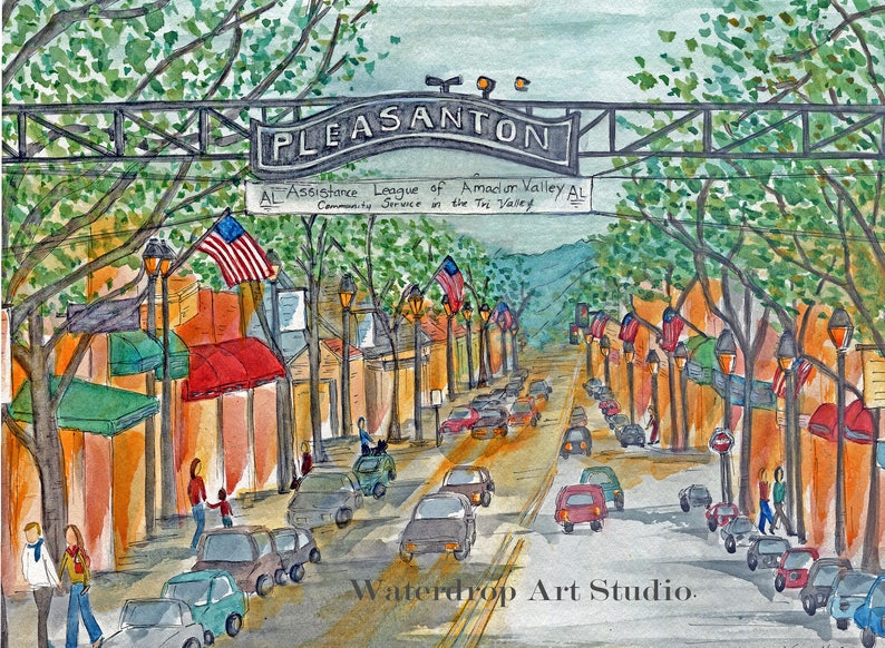 May include: A watercolor painting of a street scene in Pleasanton, California. The street is lined with trees and buildings, and there are cars and people walking on the sidewalk. The sign above the street reads "Pleasanton" and "AL Assistance League of Amador Valley AL Community Service in the Tri Valley".