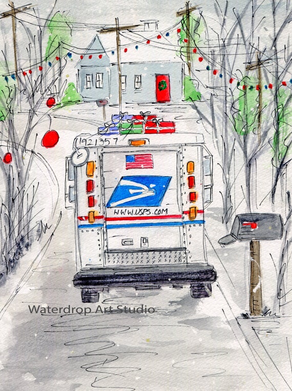 Winter Art; Whimsical Art Print; Holiday art; Christmas Art Print; Fun Art Print; USPS Art; Gift for Mail Carrier