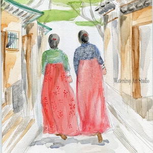 May include: Two women wearing traditional Korean hanbok dresses walk down a narrow street lined with buildings. The women's dresses are red and pink with floral patterns. The street is paved with gray stones and the buildings are painted in shades of beige and brown.