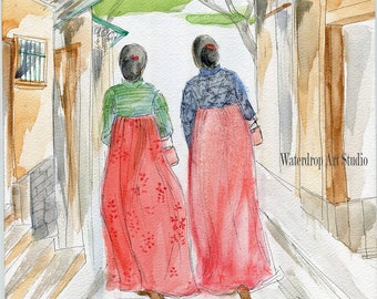 韓国のアートプリント、アジア美術、韓服、友情の芸術、韓国の芸術、アジアの壁飾り、韓国の絵画、韓服の女性、韓国の旅行のお土産