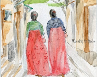 Korean Art Print; Asian Art; Hambok; Friendship Art; Korea Art; Asian Wall Decor; Korean Painting; Ladies in Hambok; Korean Travel Souvenir