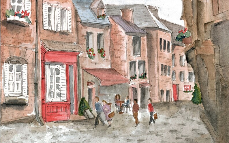 May include: A watercolor painting of a European street scene with brick buildings, red doors, and a cafe with people sitting outside. The painting is done in a realistic style with a soft, muted color palette.