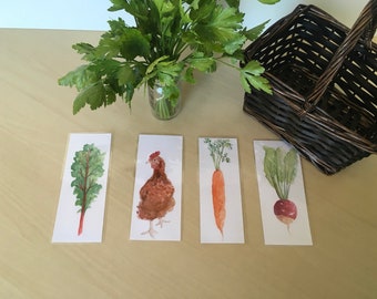 In the Garden bookmarks; vegetable bookmarks, chicken bookmark, gardener gift; booklover gift, whimsical bookmarks, book gift, kitchen art