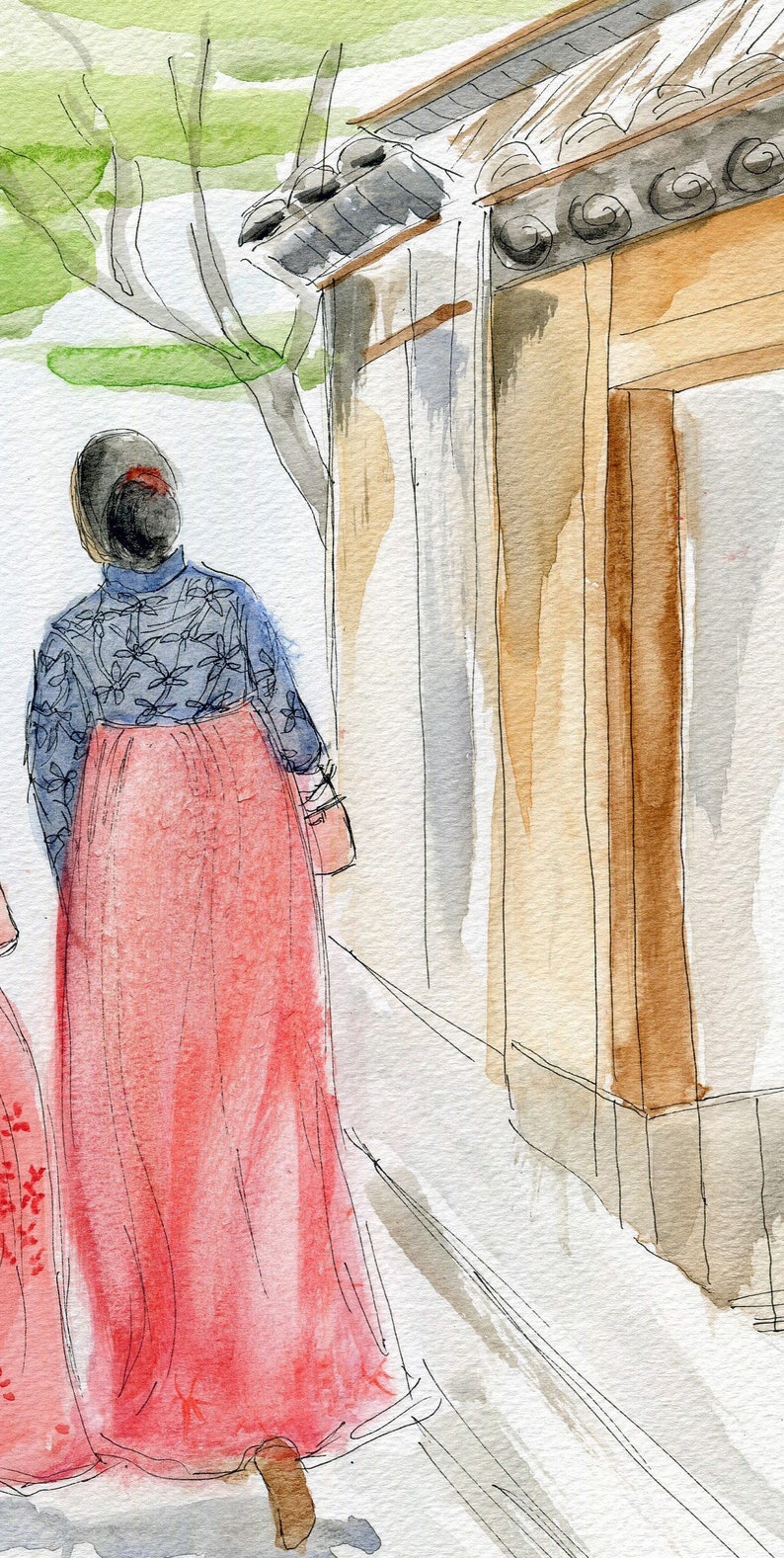 May include: Two people wearing traditional Korean hanbok dresses walk down a street with a building in the background. The hanbok dresses are a light blue and a pink color. The building is painted in shades of brown and white.