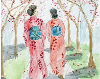 Japanese art print; Kimono; Friendship Art; Cherry Blossom print; whimsical Asian Art; Unique Asian Decor; Japanese Art; Gift for Her
