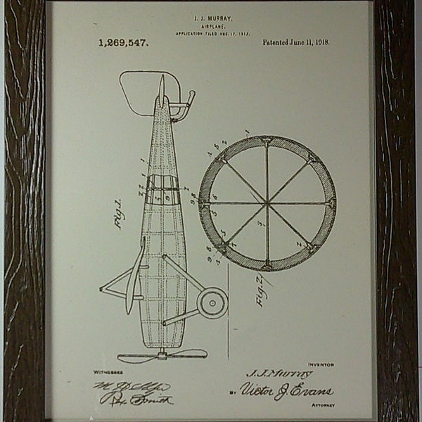 Airplane Patent U.S. Patent August 17th 1918 Laser engraved on heavy mat board. Great gift